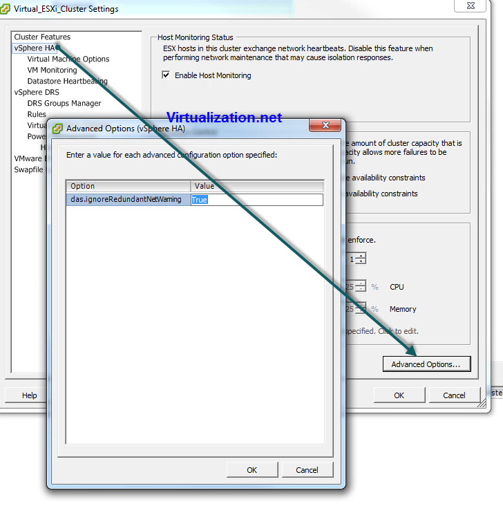 Turn off Network redundancy message when configuring VMware HA/DRS ...